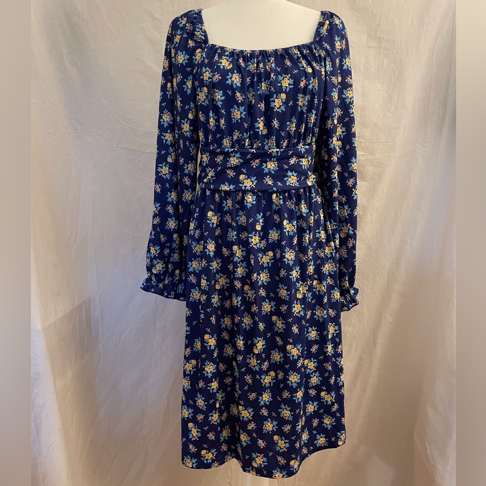 A-line Puff Sleeve Dress Blue Flowery Size XXL - Picture 2 of 13